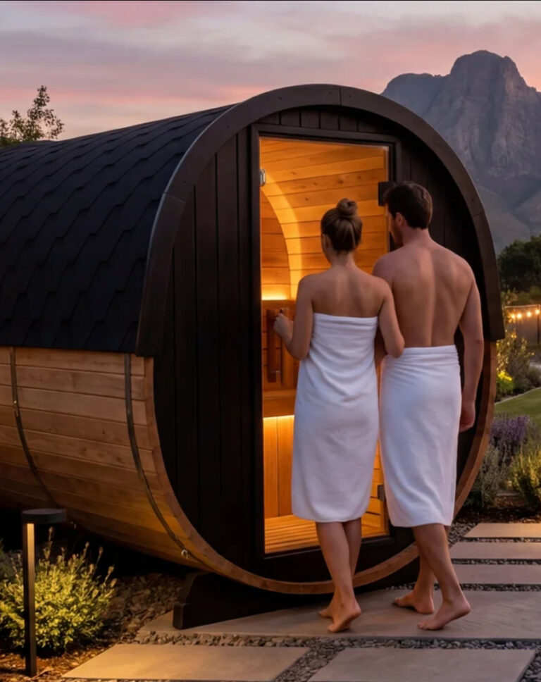 Pareja entrando en sauna exterior de madera
