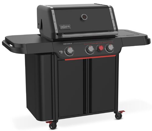 Barbacoa de gas negra con ruedas y estantes laterales