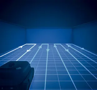 Suelo digital con flechas direccionales en sala azul
