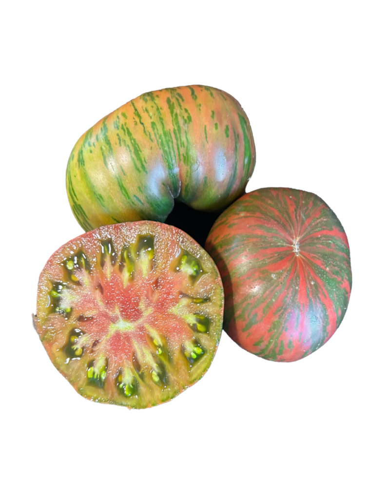 Tomates heirloom rayados verdes y rojos