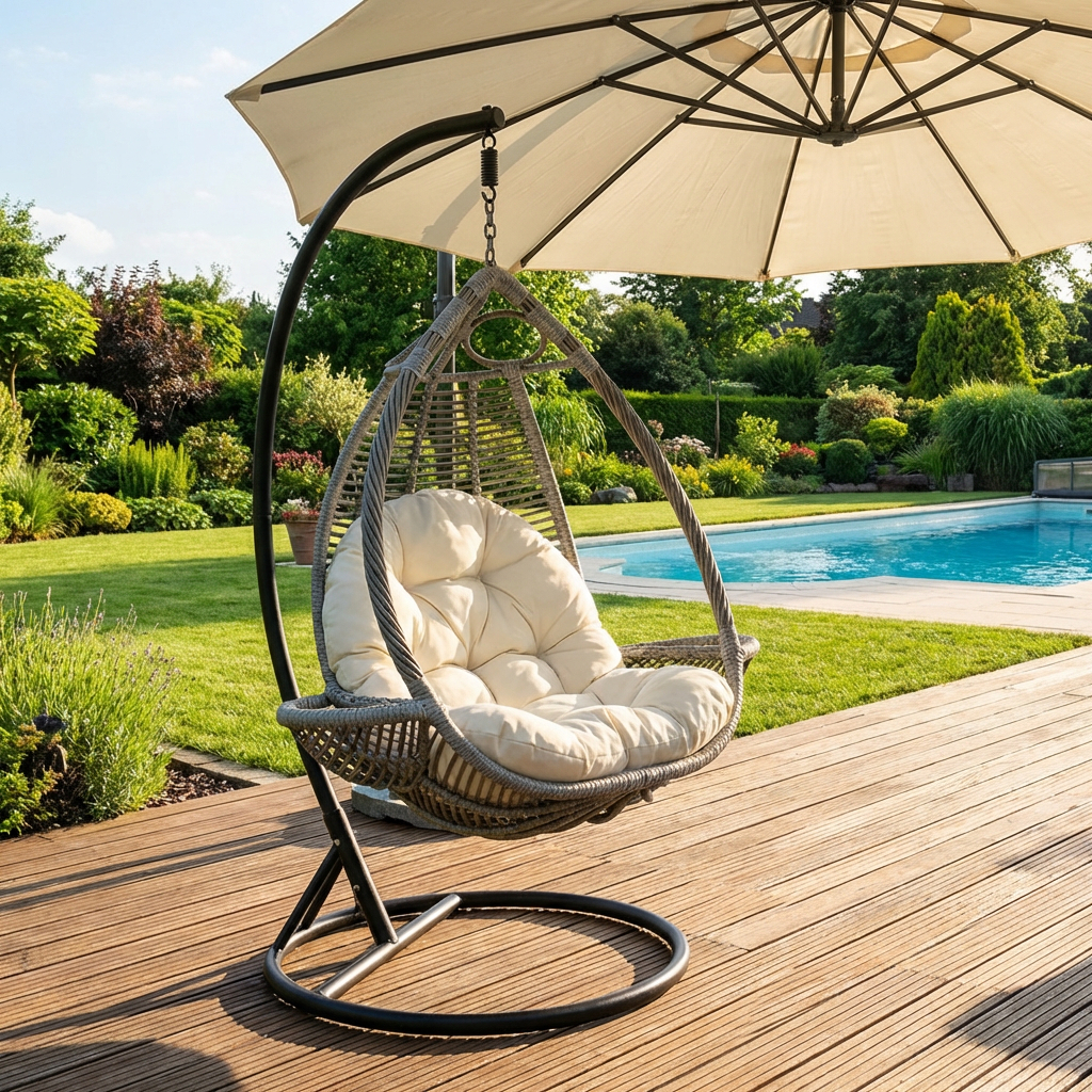 Sillón colgante en jardín junto a piscina