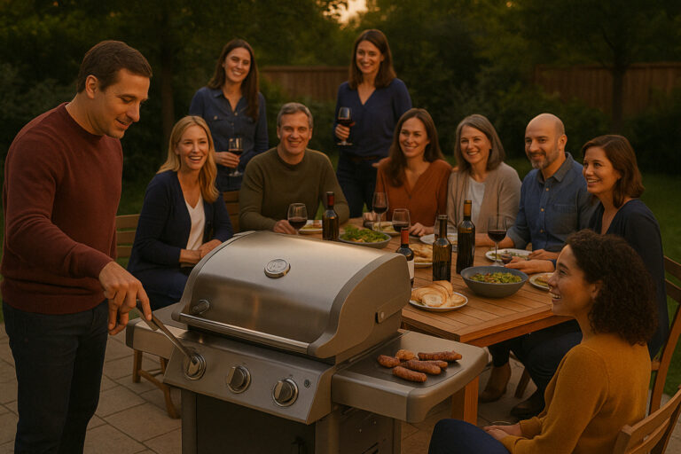 Grupo de amigos cenando en barbacoa al aire libre