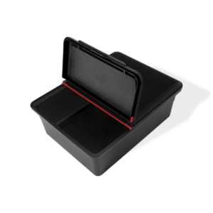 Caja de plástico negra con tapa abatible