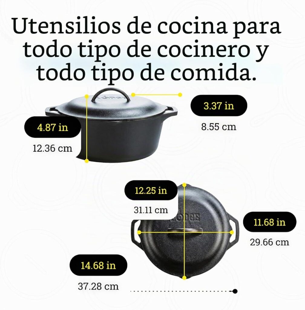 Olla de hierro fundido con medidas detalladas