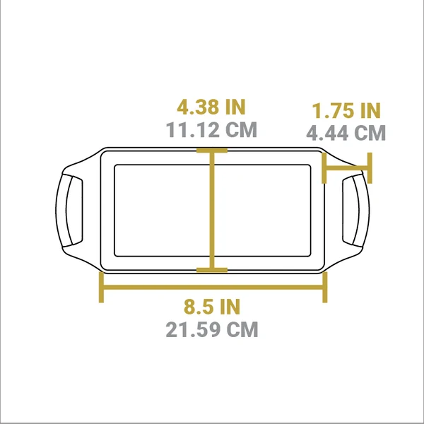 Diagrama con dimensiones de recipiente rectangular con asas