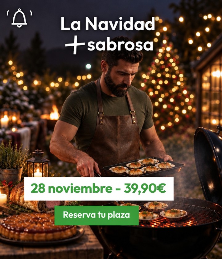 Chef cocina marisco en barbacoa durante evento navideño
