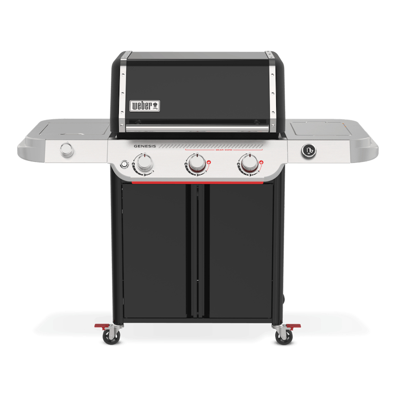 Parrilla de gas con tres quemadores, color negro.