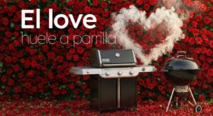 Parrillas frente a pared de rosas rojas.